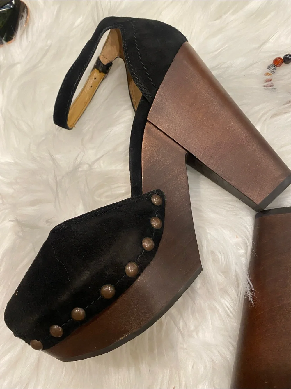 Black Suede Studded Platform Ankle-Strap Heels